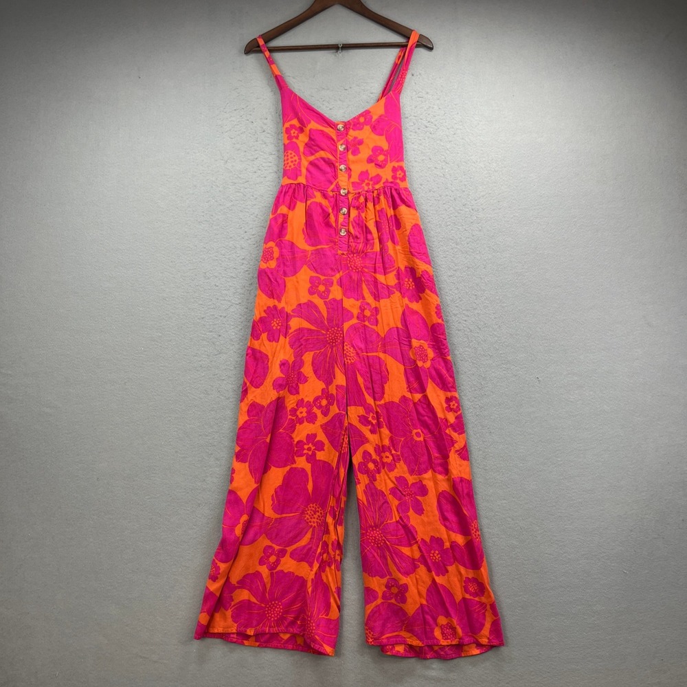 XIX PALMS Jumpsuit Womens Small Orange Pink Floral Wide Jumper Tropical Beach